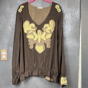 Kaelyn Max II brown embroidered Butterfly ruffle bottom tunic long sleeve. Sz 3X